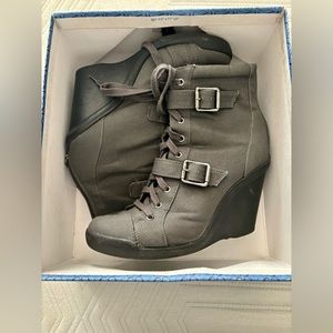 Vera Wang Buckle Wedge Boots
